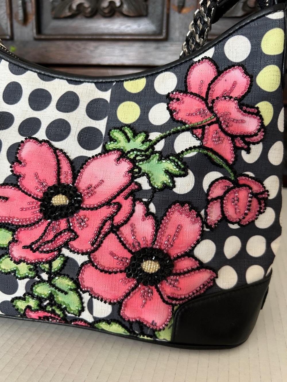 Isabella Fiore Black Polka Dot Floral Shoulder Bag - Pink Flower Accent - Picture 9 of 13